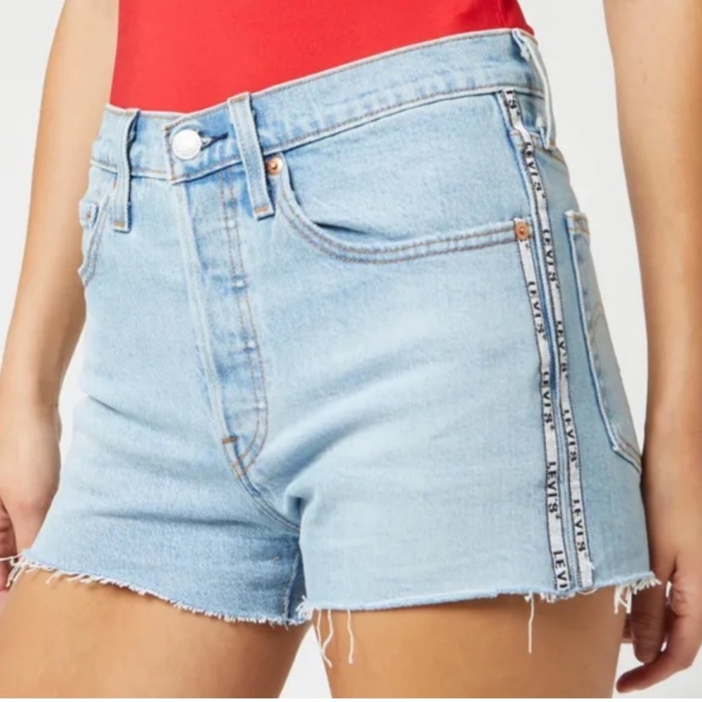LEVIS 501 Original Logo Stripe Button Fly Denim Blue Jean Cut Off Shorts Size 26
